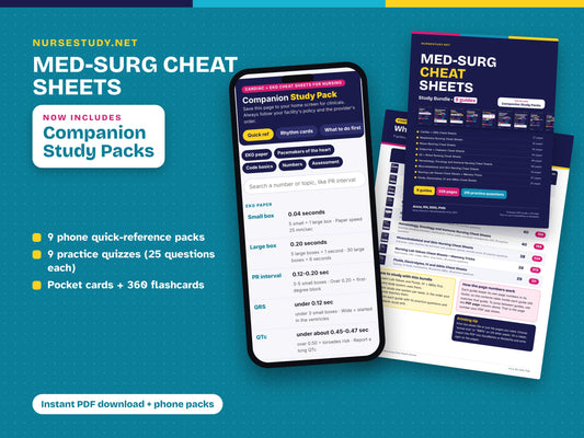 Med Surg Cheat Sheets Bundle PDF | Cardiac, EKG, Respiratory, Neuro, Endocrine, GI, Renal, Heme, Ortho, Skin | Nursing Study Guide