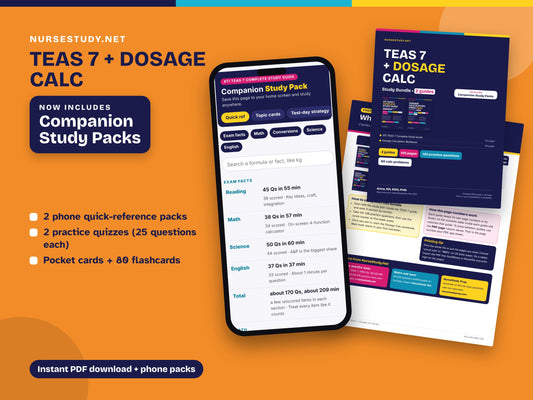 TEAS 7 Study Guide and Dosage Calculation Bundle PDF | 120 Practice Questions | Nursing Entrance Exam Prep | Med Math Workbook | Printable