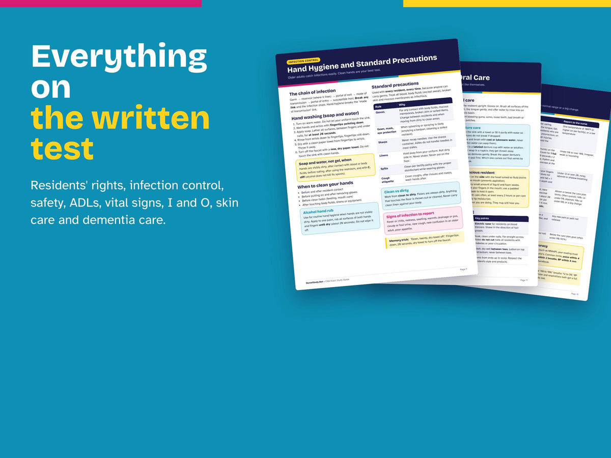 CNA Study Guide PDF | Nurse Aide Exam Review | 60 Practice Questions | Skills Checklist | Certified Nursing Assistant | Printable