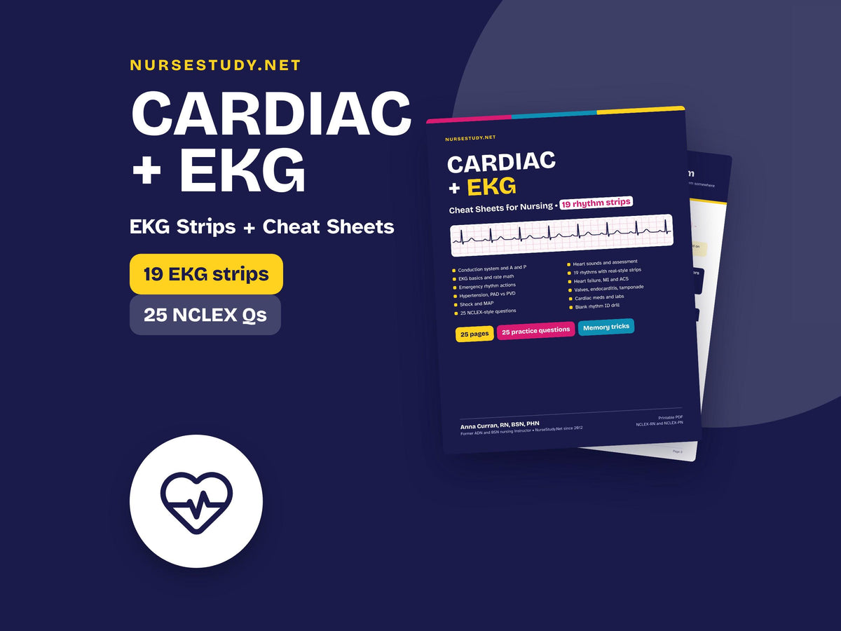 EKG Cheat Sheet & Cardiac Nursing Study Guide PDF | 19 Rhythm Strips | NCLEX Cardiovascular Review | Heart Blocks, Telem