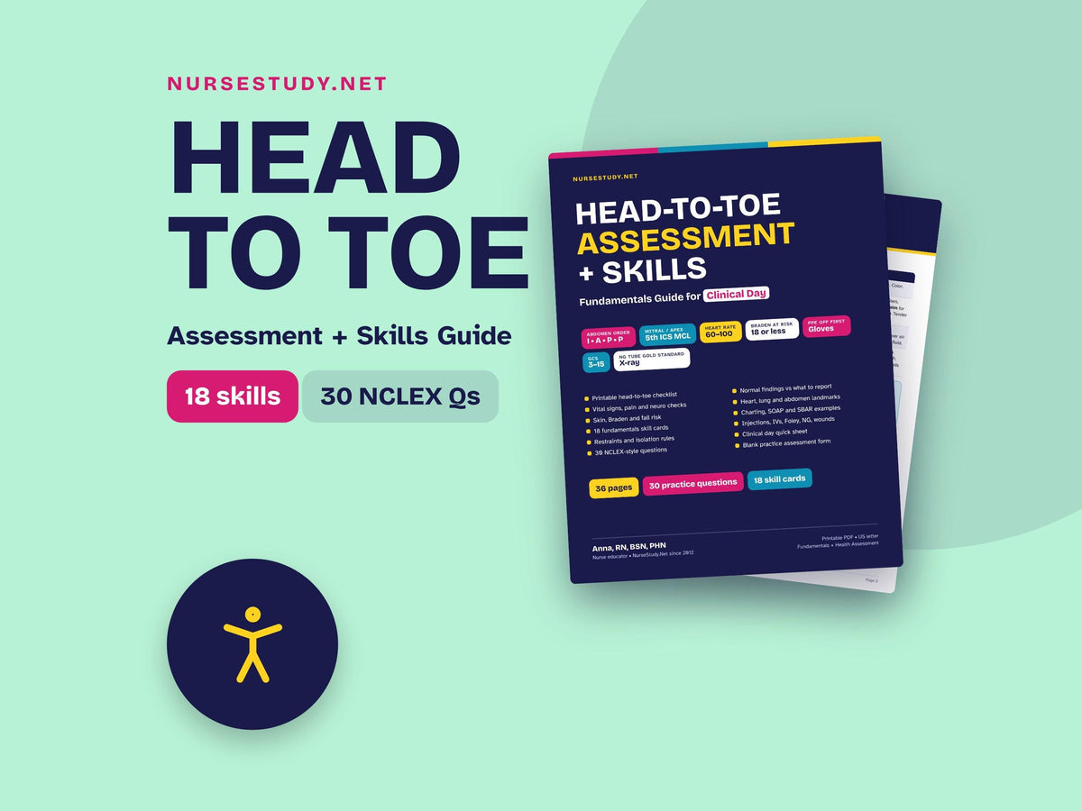 Head to Toe Assessment Study Guide Hyperlinked PDF | Nursing Fundamentals Skills Cheat Sheet | Clinical Checklist | NCLE