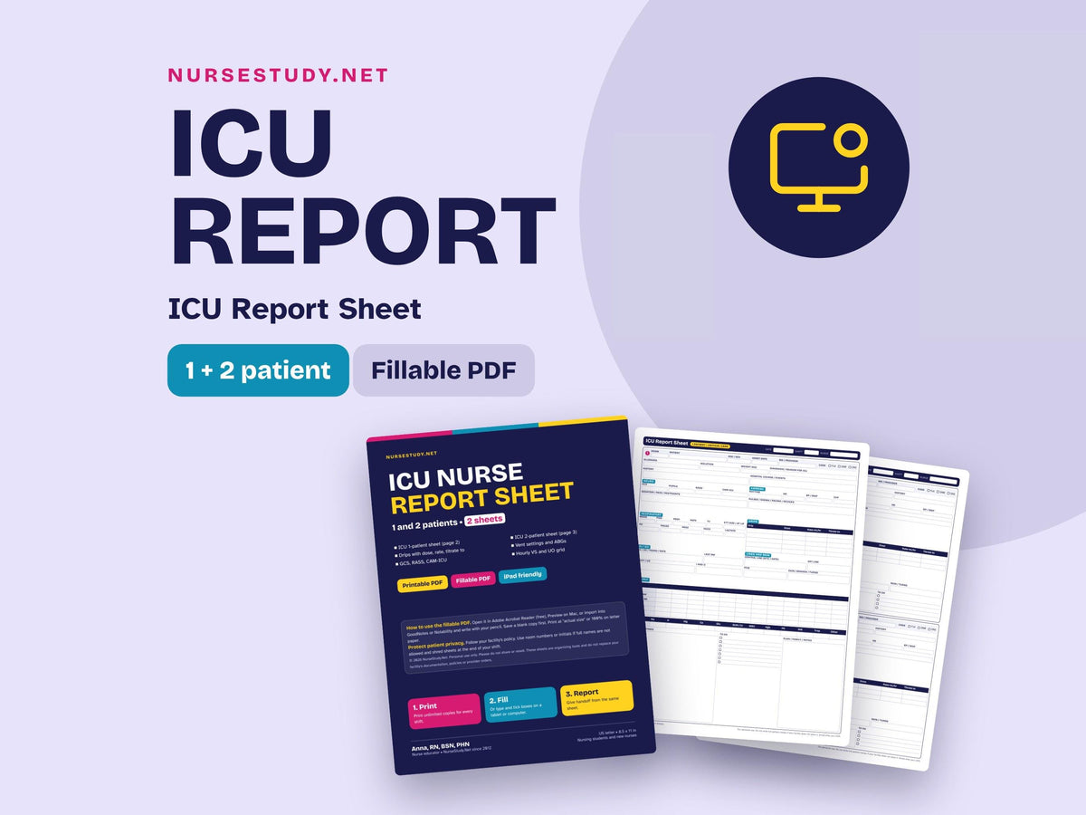ICU Nurse Report Sheet | 1 and 2 Patient Critical Care Nursing Brain | Fillable PDF | ICU Handoff Template Printable
