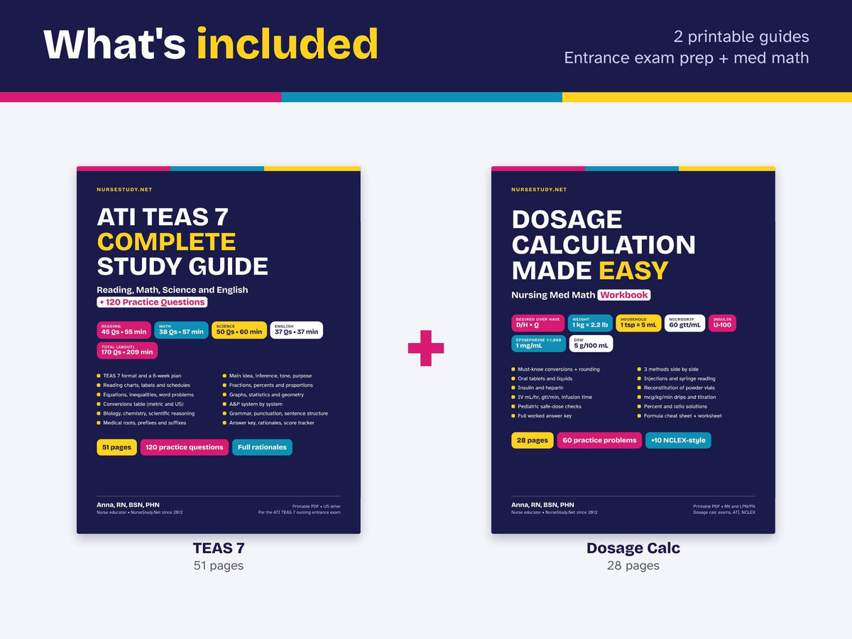 TEAS 7 Study Guide and Dosage Calculation Bundle PDF | 120 Practice Questions | Nursing Entrance Exam Prep | Med Math Workbook | Printable