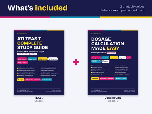 TEAS 7 Study Guide and Dosage Calculation Bundle PDF | 120 Practice Questions | Nursing Entrance Exam Prep | Med Math Workbook | Printable