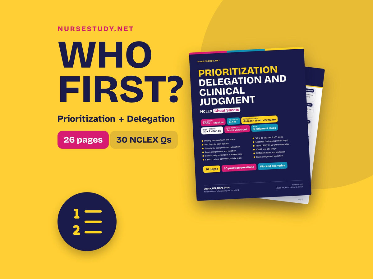 Prioritization and Delegation Cheat Sheets PDF | NCLEX Clinical Judgment Study Guide | NGN, Triage, Scope of Practice | 