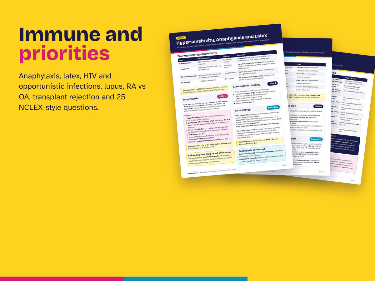 Hematology Oncology Immune Nursing Cheat Sheets PDF | Anemia, Blood Transfusion, Chemo, Oncologic Emergencies, HIV | NCLEX Study Guide
