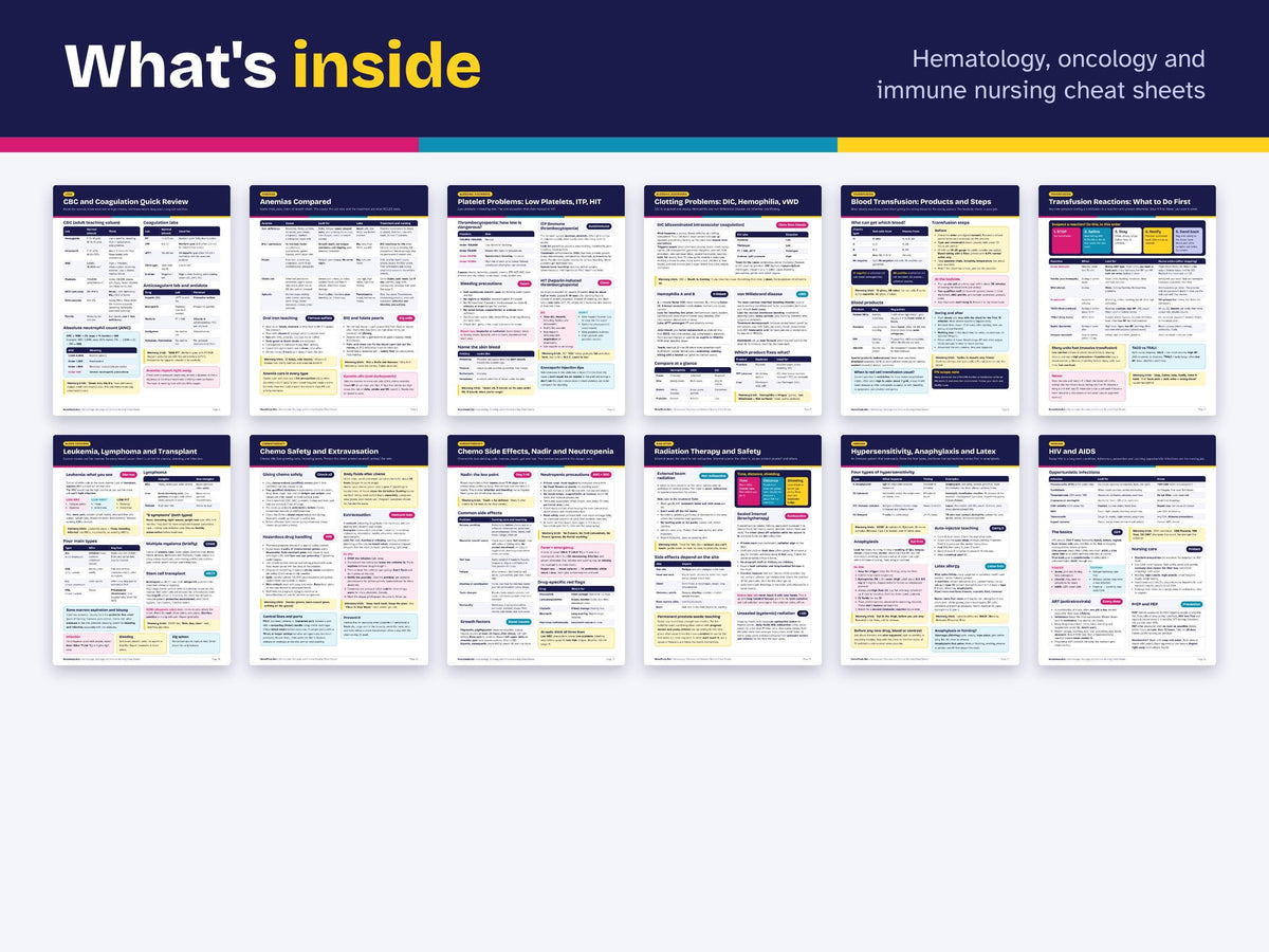 Hematology Oncology Immune Nursing Cheat Sheets PDF | Anemia, Blood Transfusion, Chemo, Oncologic Emergencies, HIV | NCLEX Study Guide