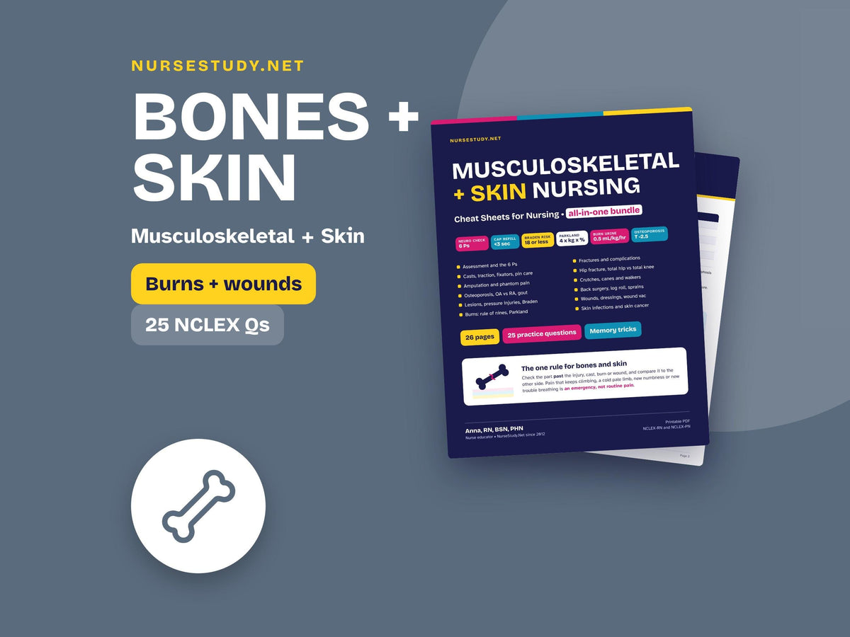 Musculoskeletal and Skin Nursing Cheat Sheets PDF | Fractures, Casts, Traction, Pressure Injuries, Burns, Wound Care | N