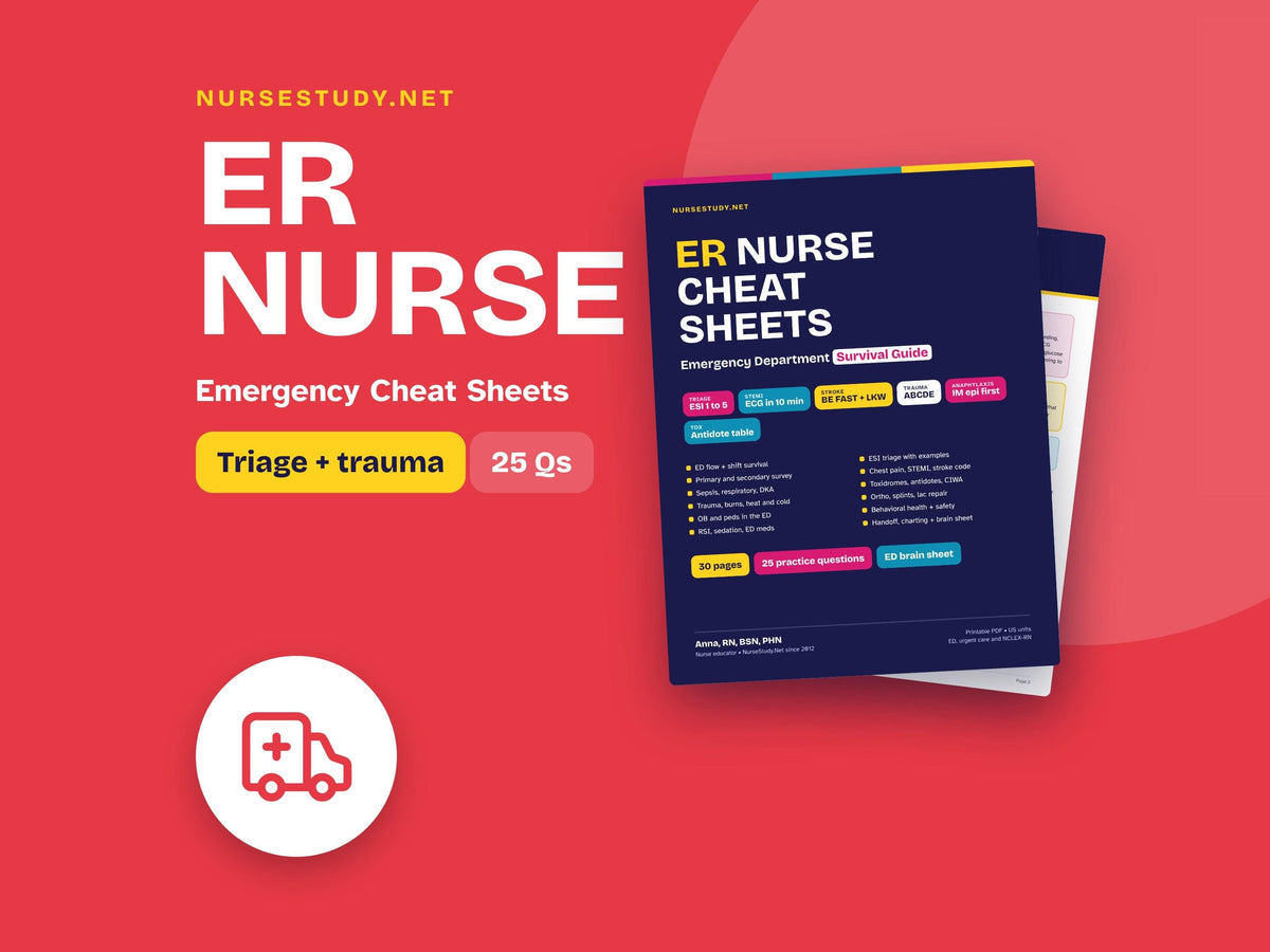 ER Nurse Cheat Sheets Hyperlinked PDF | New Grad Emergency Nurse Study Guide | Triage, ESI, Stroke, Sepsis, Trauma, Tox 