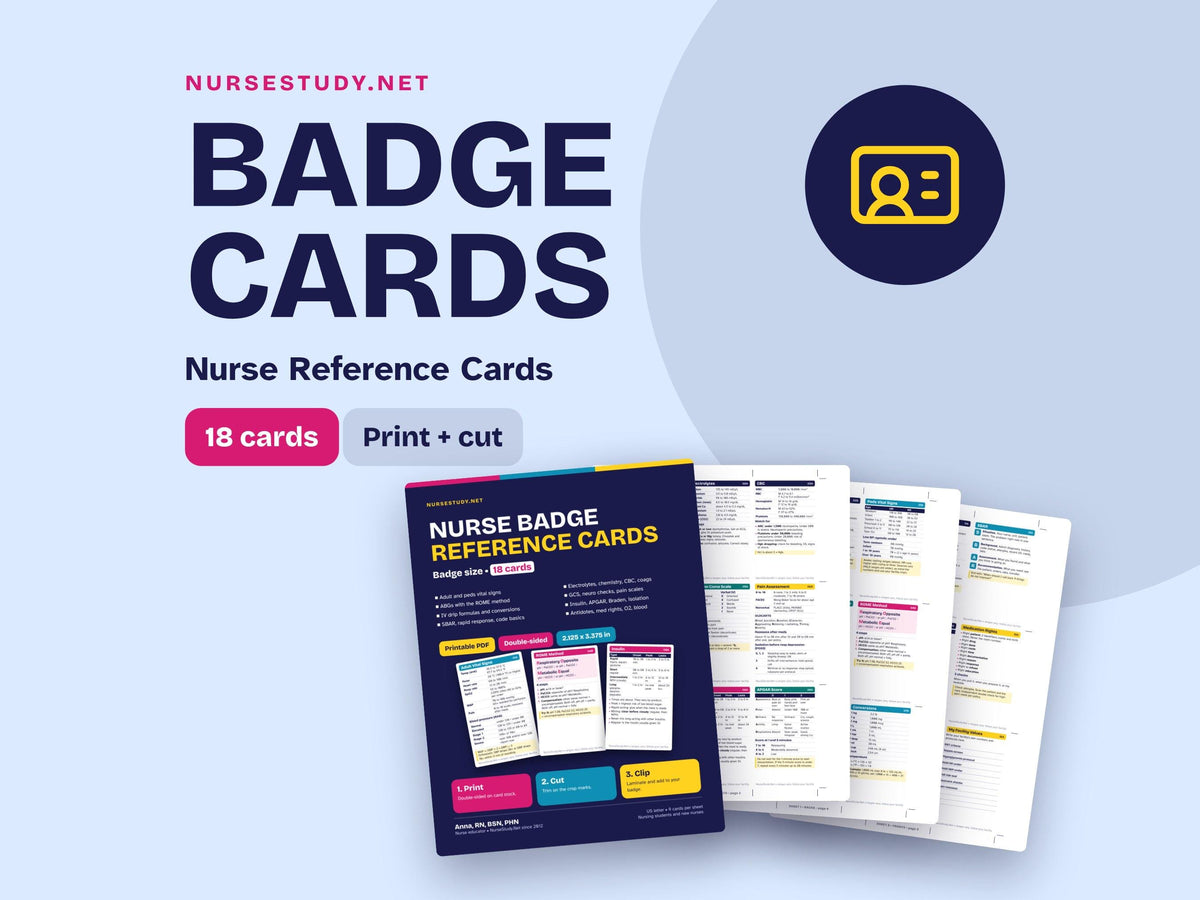 Nurse Badge Reference Cards PDF | Printable Badge Reel Cards | Lab Values, ABG, Vital Signs | Nursing Student Cheat Shee