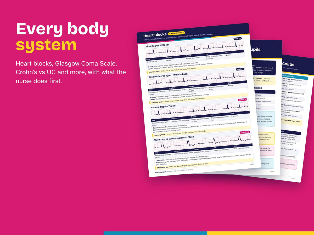 Med Surg Cheat Sheets Bundle PDF | Cardiac, EKG, Respiratory, Neuro, Endocrine, GI, Renal, Heme, Ortho, Skin | Nursing Study Guide