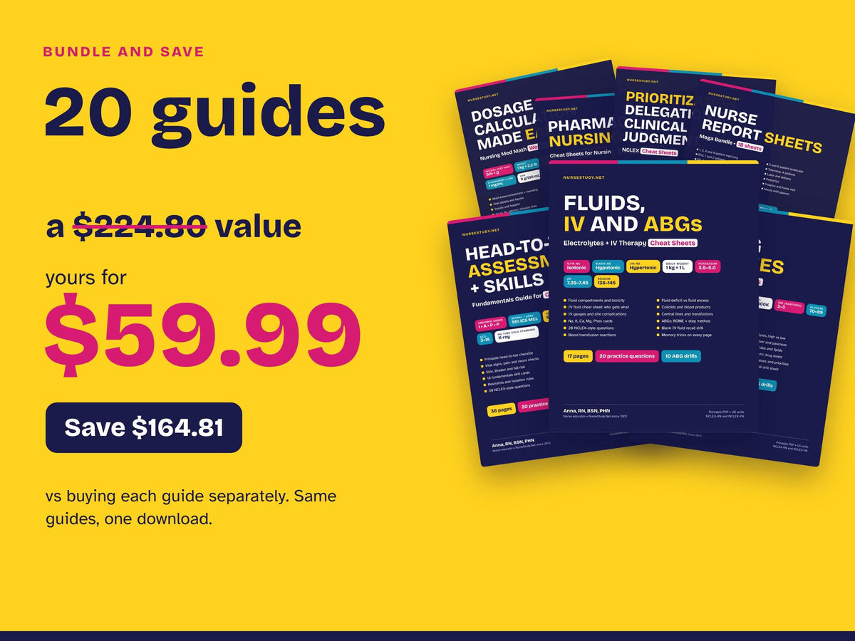 Nursing School Study Guide Bundle PDF | 20 Printable Cheat Sheets and Guides | Med-Surg, Pharm, Labs, OB, Peds, Psych | NCLEX Review