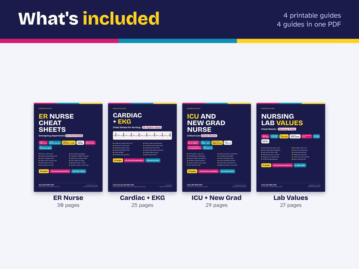 ER Nurse Bundle PDF | Emergency Nursing, Triage, Cardiac EKG, Critical Care Drips, Lab Values | Hyperlinked Nursing Cheat Sheets Printable