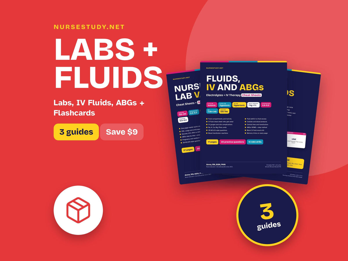 Lab Values, Fluids and ABGs Bundle PDF | Nursing Lab Values Cheat Sheets, IV Fluids, Electrolytes, Flashcards | Printabl