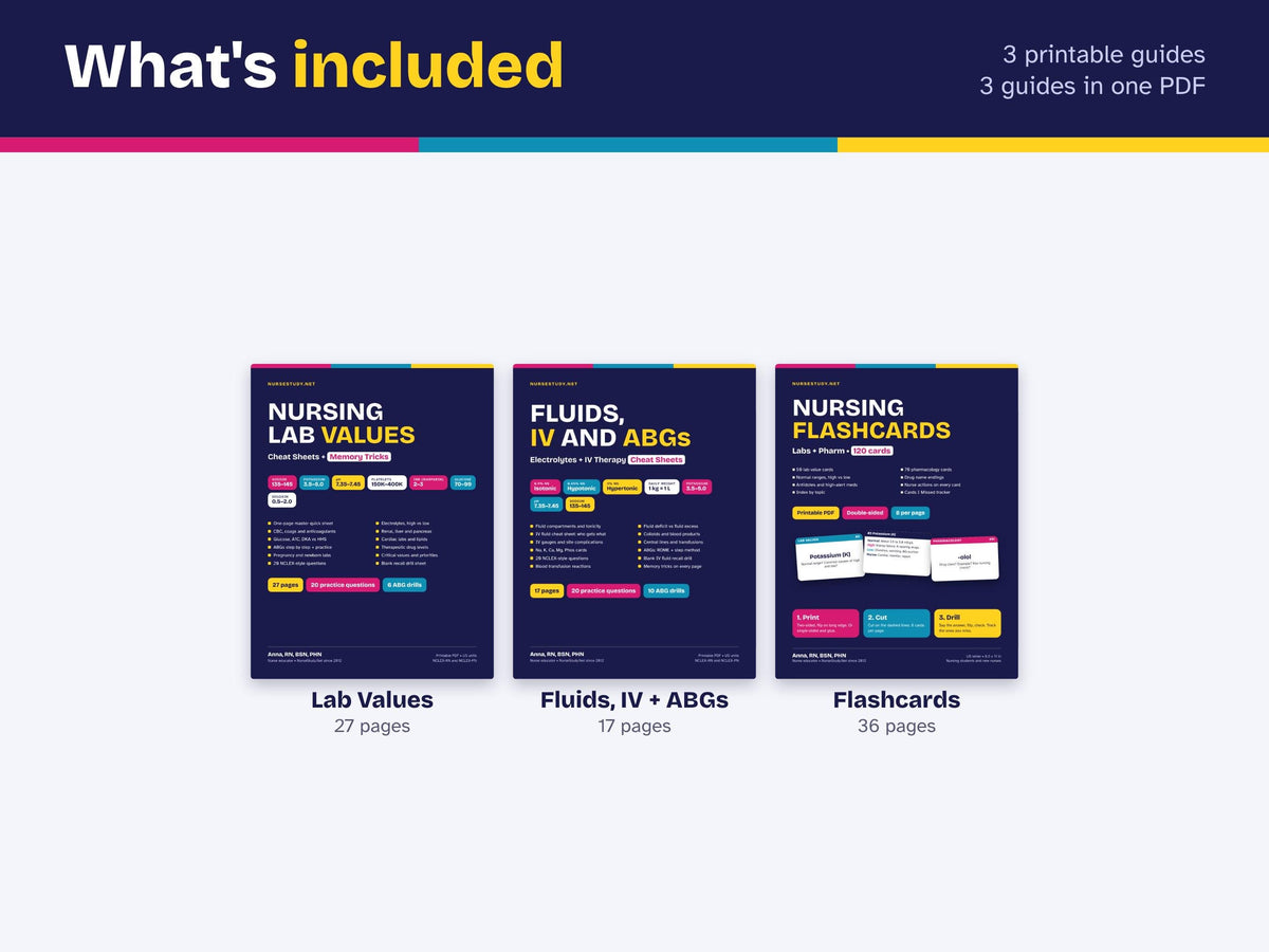 Lab Values, Fluids and ABGs Bundle PDF | Nursing Lab Values Cheat Sheets, IV Fluids, Electrolytes, Flashcards | Printable