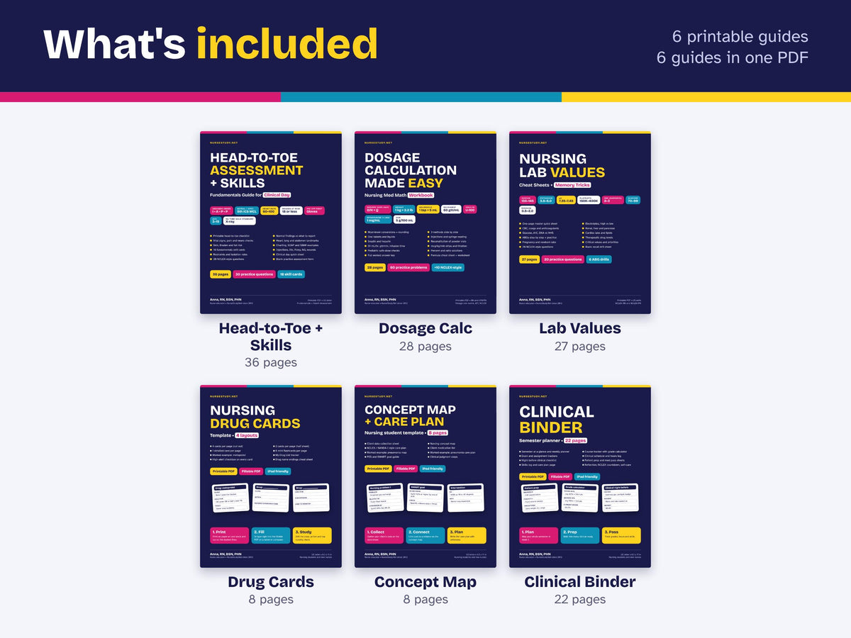 First Semester Nursing School Bundle PDF | Head to Toe, Dosage Calc, Lab Values, Drug Cards, Concept Map, Clinical Binder