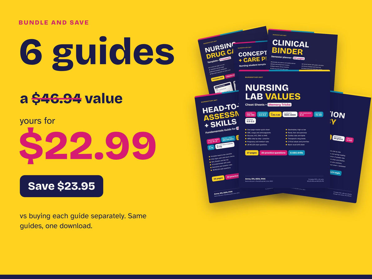 First Semester Nursing School Bundle PDF | Head to Toe, Dosage Calc, Lab Values, Drug Cards, Concept Map, Clinical Binder