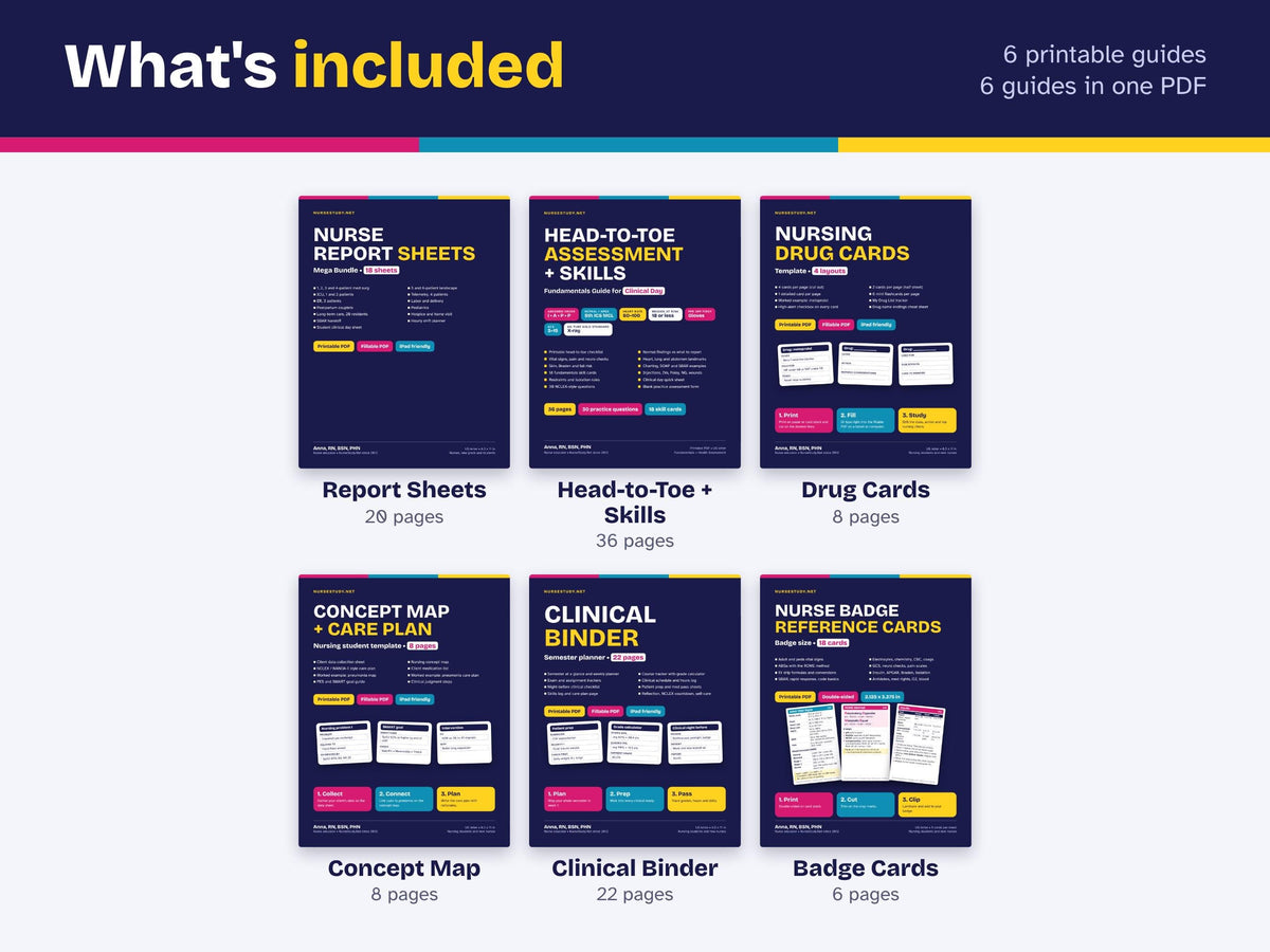 Nursing Clinical Rotation Kit PDF | Report Sheets, Head to Toe, Drug Cards, Concept Map, Clinical Binder, Badge Cards | Printable