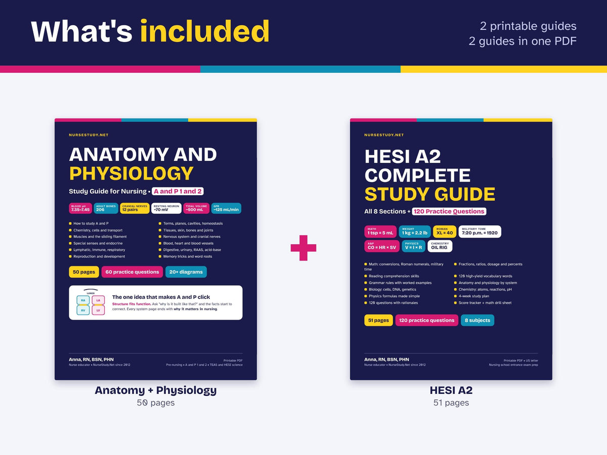 Anatomy and Physiology + HESI A2 Bundle PDF | A and P Study Guide, Admission Exam Study Guide, Practice Questions | Pre Nursing Printable