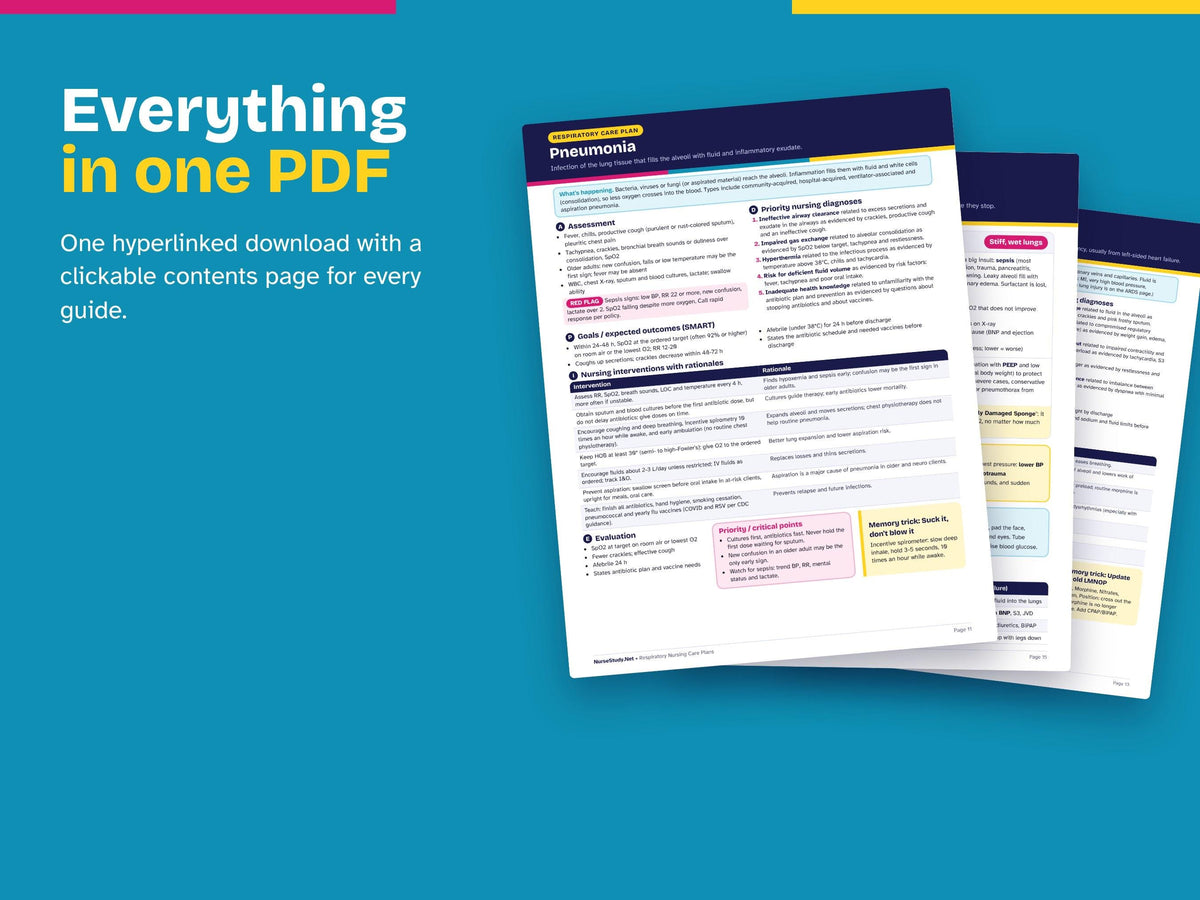 Respiratory Nursing Bundle PDF | Respiratory Nursing Cheat Sheets + Respiratory Nursing Care Plans | NCLEX Study Guide | Hyperlinked