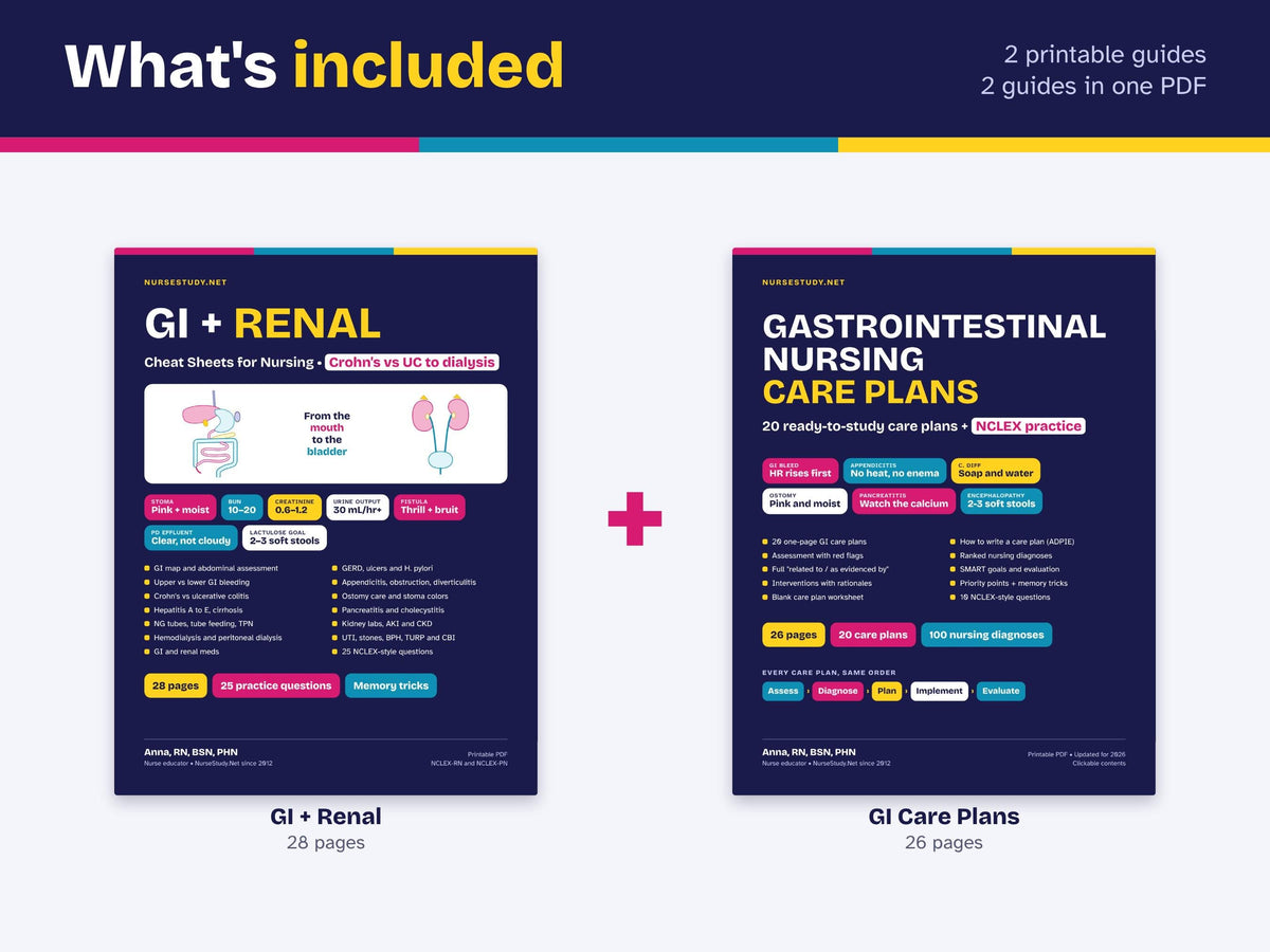 GI Nursing Bundle | Gastrointestinal and Renal Cheat Sheets + Gastrointestinal Care Plans | Nursing Study Guide | Hyperlinked Printable PDF