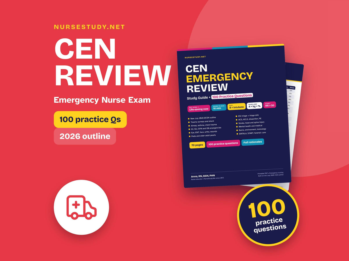 CEN Review Study Guide PDF | 100 Practice Questions | Triage, Trauma, Toxicology | Emergency Nurse ER Certification Exam