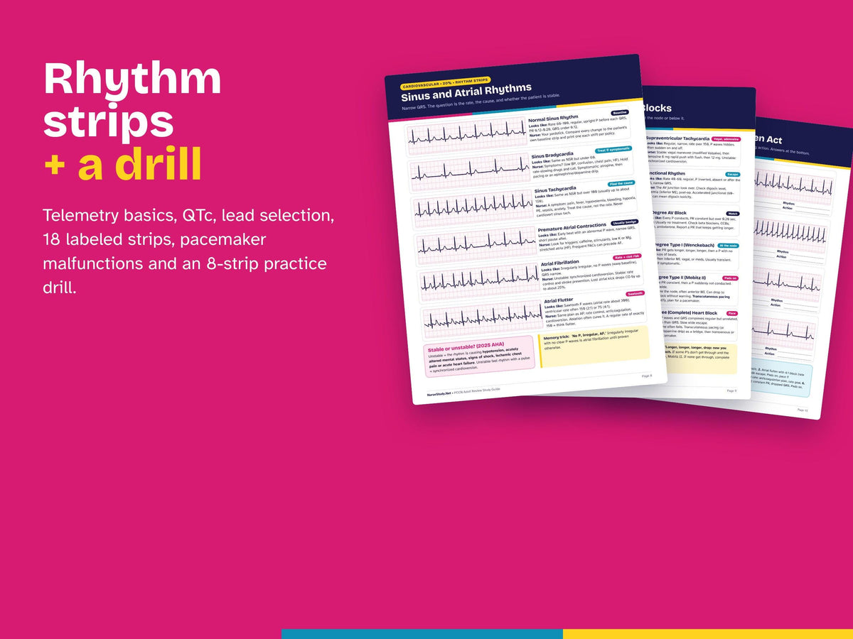 PCCN Adult Review Study Guide PDF | 100 Practice Questions | Rhythm Strips, Synergy Model | Progressive Care Step Down Nurse Printable