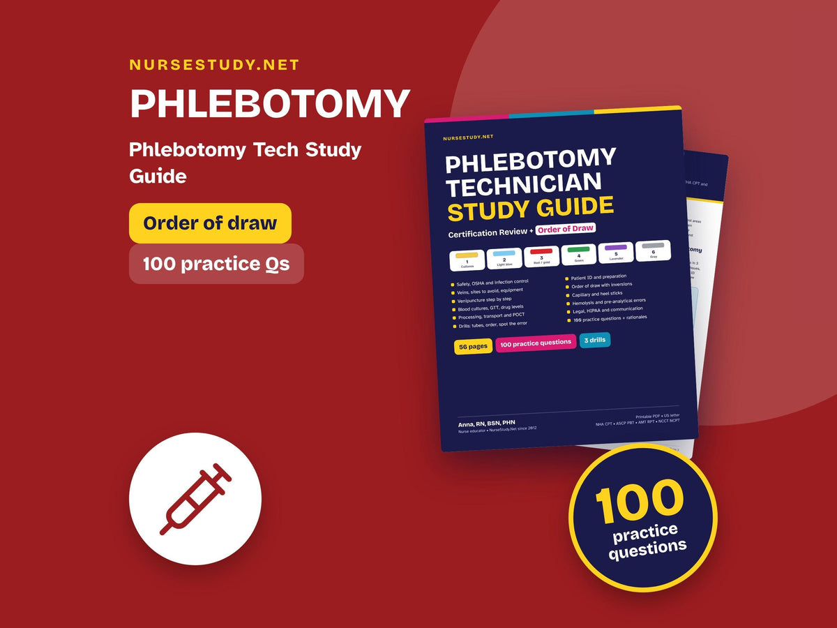Phlebotomy Study Guide PDF | NHA CPT Phlebotomy Exam Review | Order of Draw, Tube Colors | 100 Practice Questions | Prin