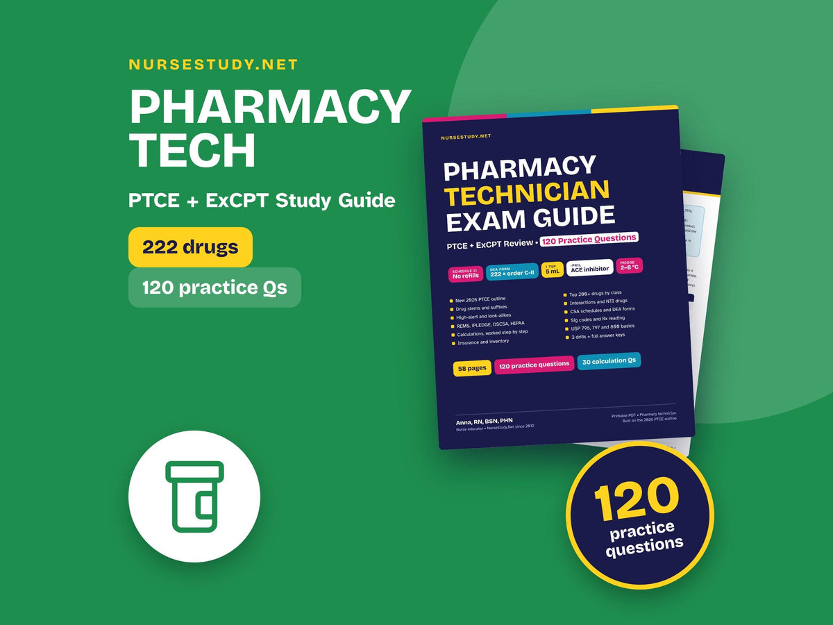 Pharmacy Technician Study Guide PDF | PTCB PTCE and ExCPT Exam Review | Top 200 Drugs, Pharmacy Law, Calculations | 120 
