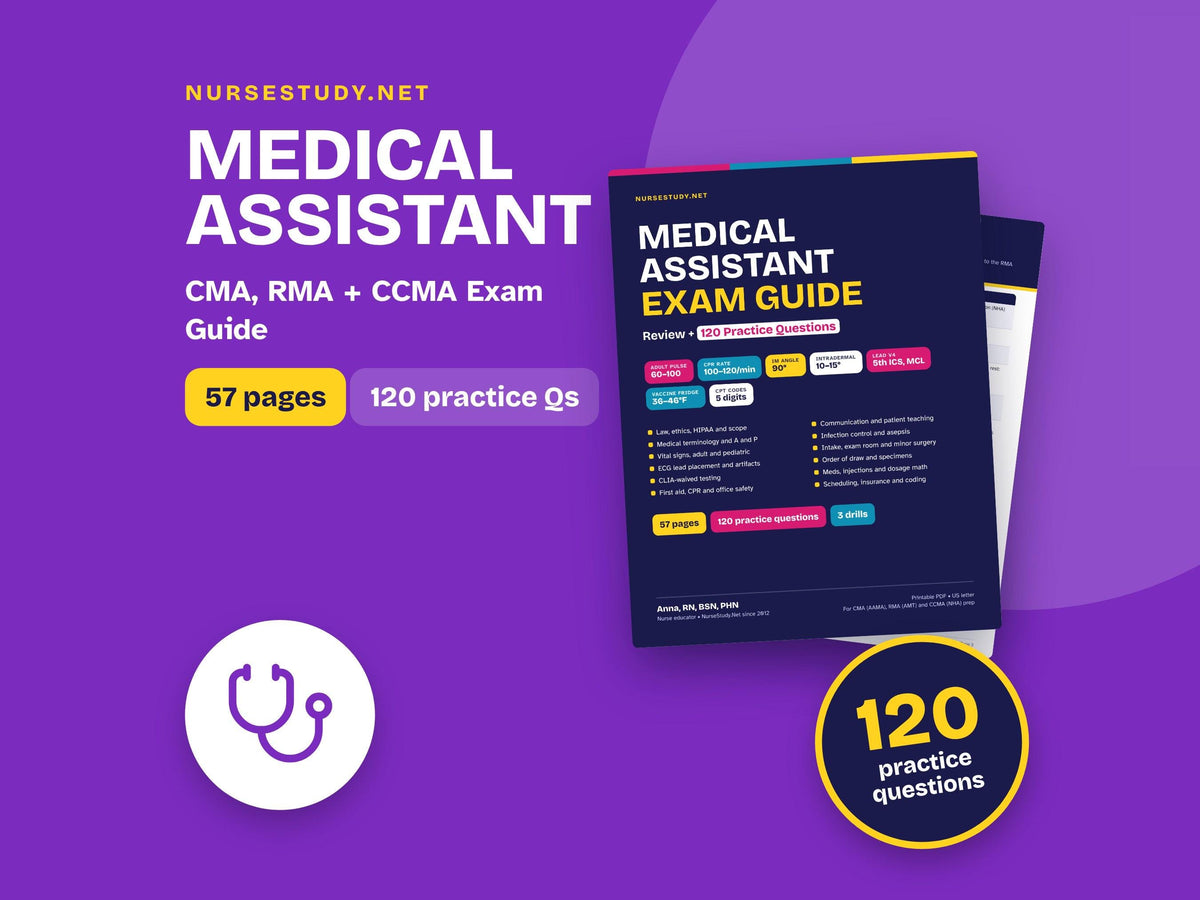 Medical Assistant Study Guide PDF | CMA and CCMA Exam Review | 120 Practice Questions | Phlebotomy, Injections, Vital Si