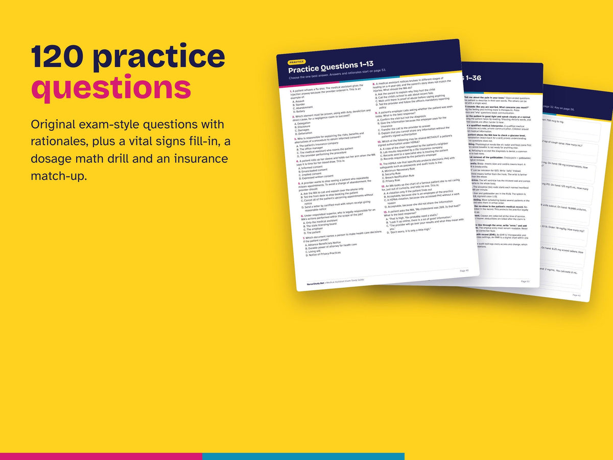 Medical Assistant Study Guide PDF | CMA and CCMA Exam Review | 120 Practice Questions | Phlebotomy, Injections, Vital Signs | Printable