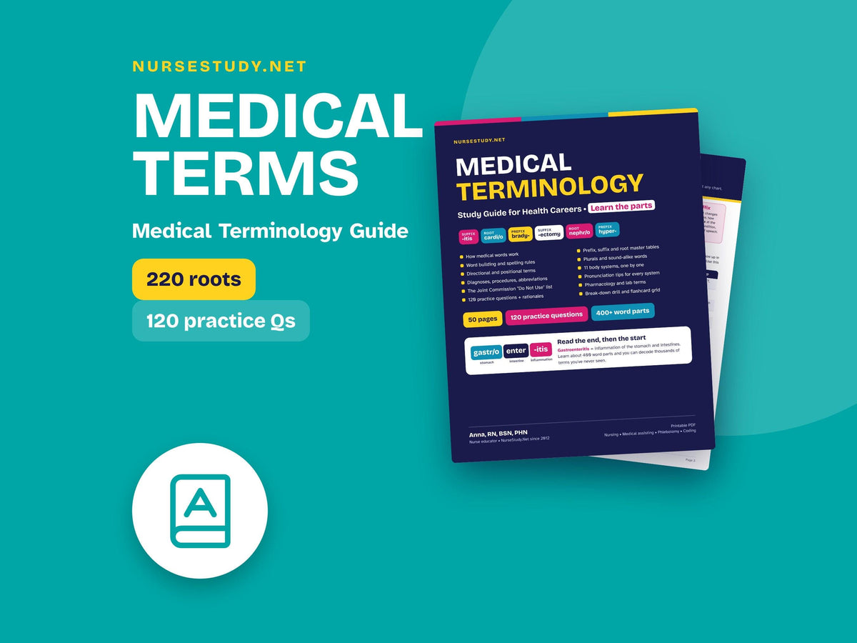 Medical Terminology Study Guide PDF | Prefixes, Suffixes and Root Words | 120 Practice Questions | Nursing, Medical Assi
