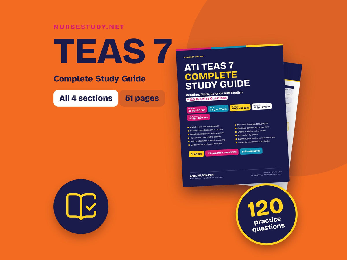 TEAS 7 Study Guide Hyperlinked PDF | Reading, Math, Science and English Review | 120 Practice Questions | Nursing Entran