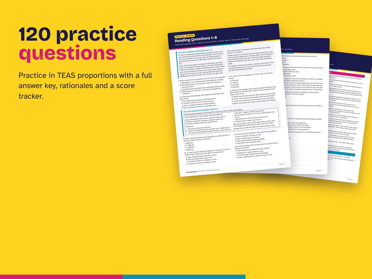TEAS 7 Study Guide Hyperlinked PDF | Reading, Math, Science and English Review | 120 Practice Questions | Nursing Entrance Exam Printable