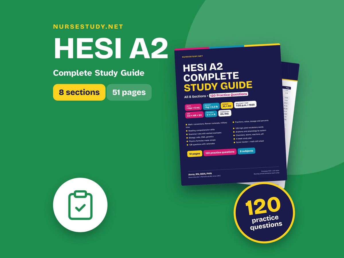 HESI A2 Study Guide PDF | Nursing Entrance Exam Prep | Math, Reading, Vocabulary, Grammar, Anatomy | 120 Practice Questi