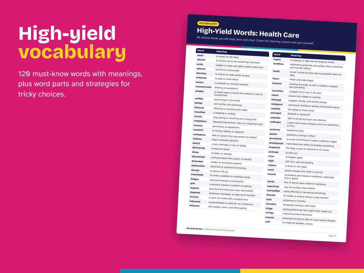 HESI A2 Study Guide PDF | Nursing Entrance Exam Prep | Math, Reading, Vocabulary, Grammar, Anatomy | 120 Practice Questions | Printable