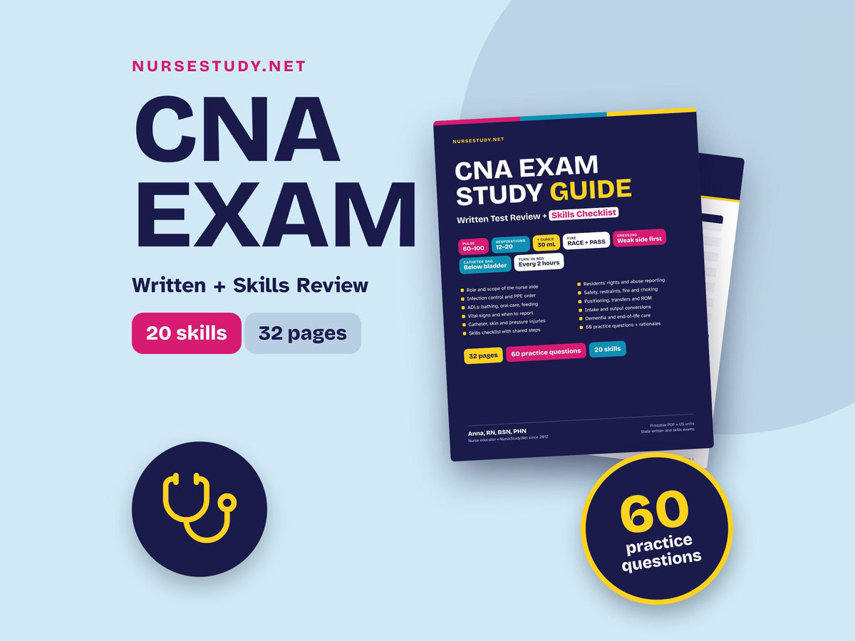 CNA Study Guide PDF | Nurse Aide Exam Review | 60 Practice Questions | Skills Checklist | Certified Nursing Assistant | 
