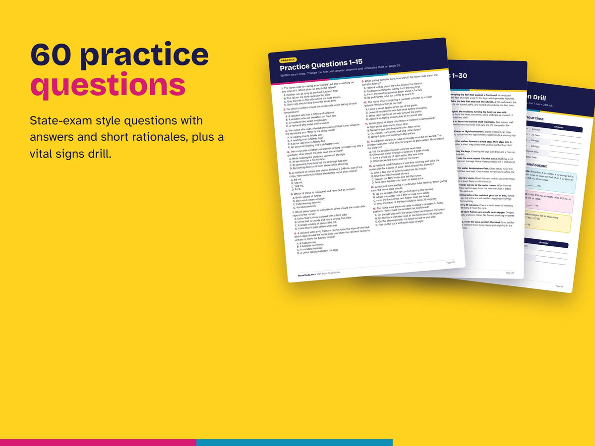 CNA Study Guide PDF | Nurse Aide Exam Review | 60 Practice Questions | Skills Checklist | Certified Nursing Assistant | Printable