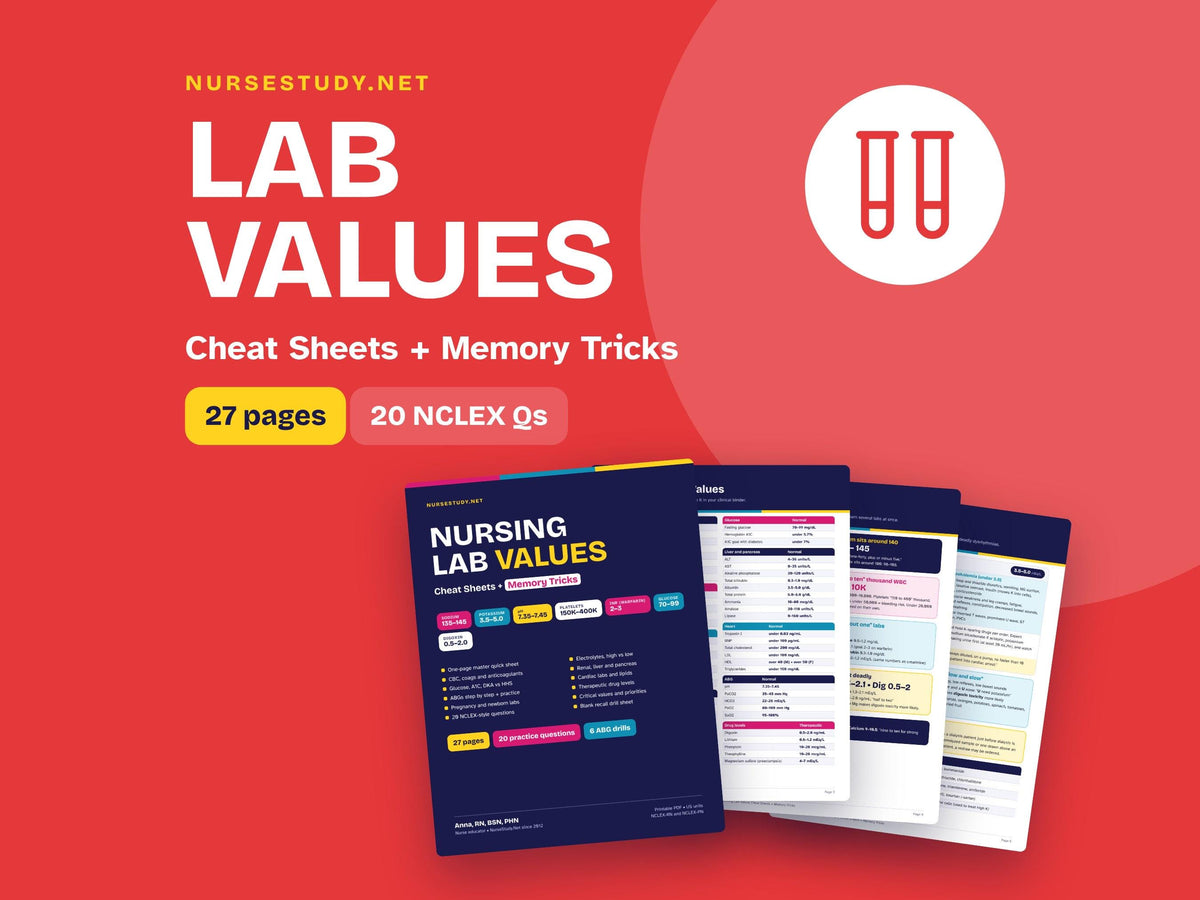 Nursing Lab Values Cheat Sheet PDF | Lab Values Study Guide with Memory Tricks | NCLEX Review | ABGs, Electrolytes | Ins