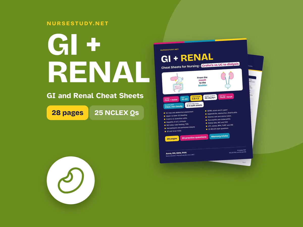 GI and Renal Nursing Cheat Sheets | Med Surg Study Guide | Ostomy, Cirrhosis, Kidney Disease, Dialysis | NCLEX Review Pr