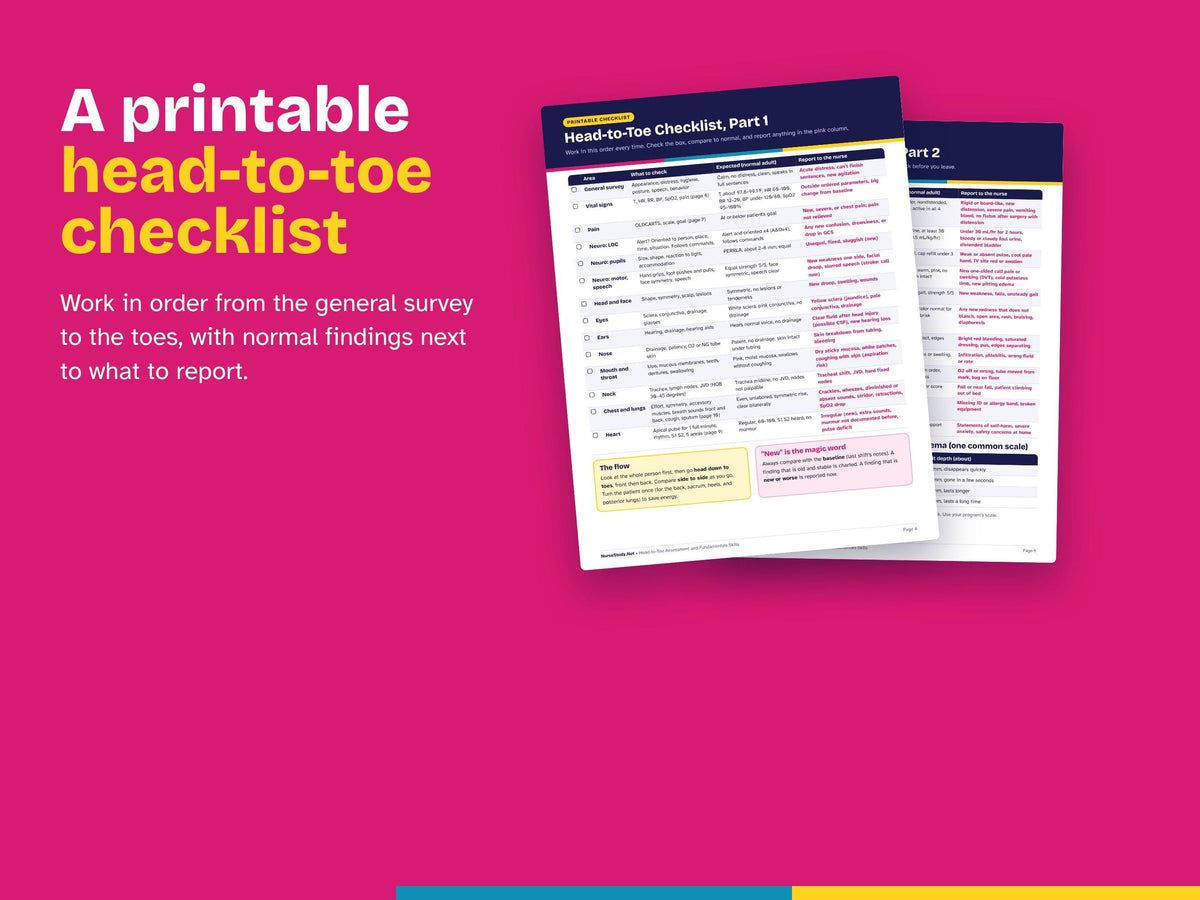 Head to Toe Assessment Study Guide Hyperlinked PDF | Nursing Fundamentals Skills Cheat Sheet | Clinical Checklist | NCLEX Review Printable