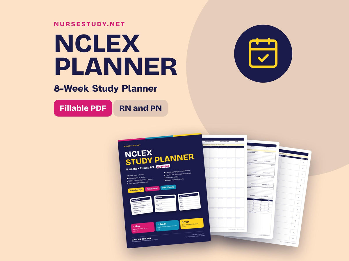 NCLEX Study Planner | 8 Week Nursing Board Exam Study Schedule | Fillable Printable Planner for RN and PN | Study Tracke