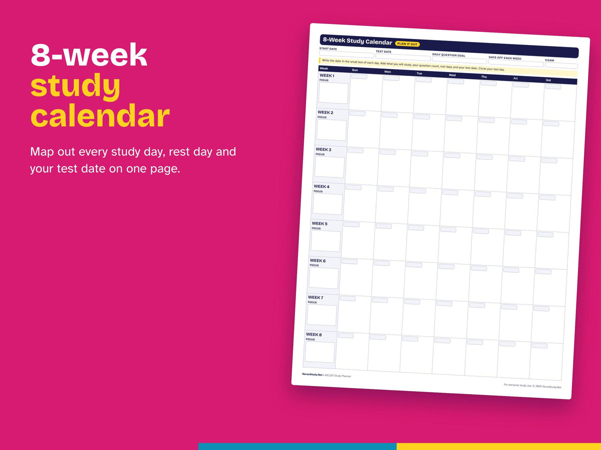 NCLEX Study Planner | 8 Week Nursing Board Exam Study Schedule | Fillable Printable Planner for RN and PN | Study Tracker