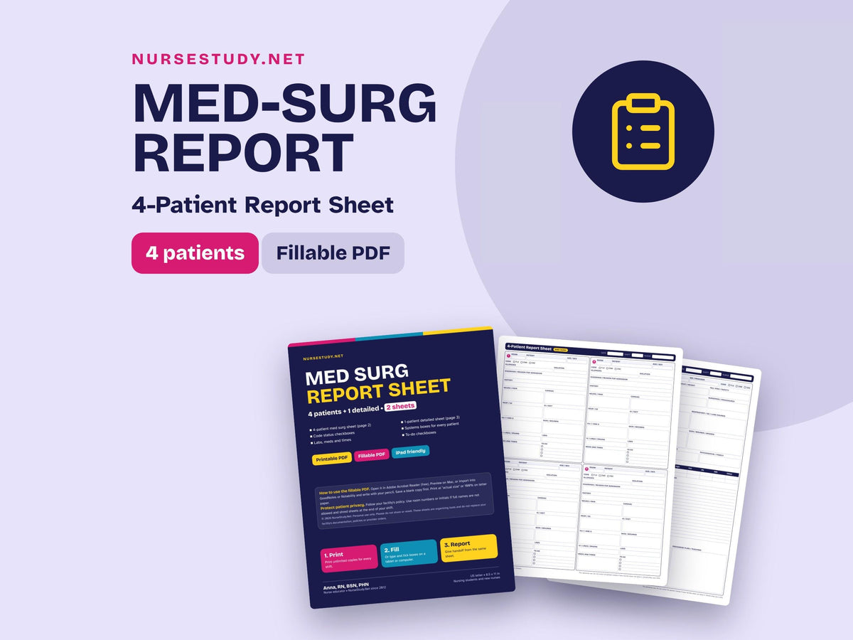 Med Surg Nurse Report Sheet | 4 Patient and 1 Patient Nursing Brain | Fillable PDF Report Sheet | Nurse Handoff Template