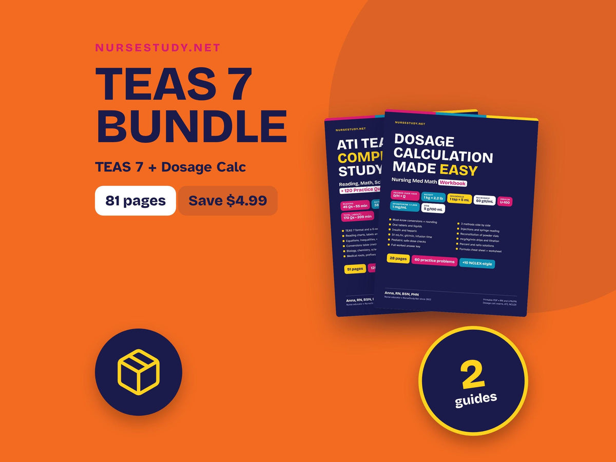 TEAS 7 Study Guide and Dosage Calculation Bundle PDF | 120 Practice Questions | Nursing Entrance Exam Prep | Med Math Wo