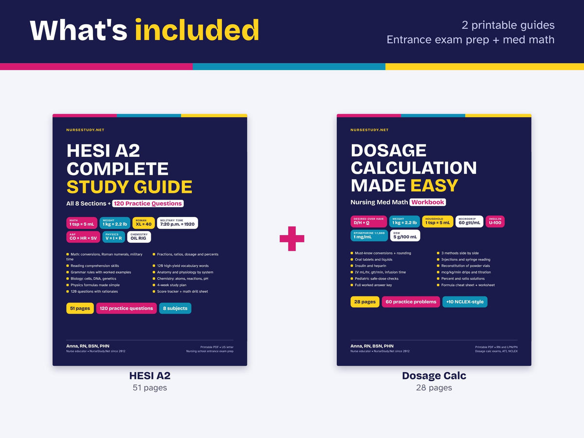 HESI A2 Study Guide and Dosage Calculation Bundle PDF | 120 Practice Questions | Nursing Entrance Exam Prep | Med Math Workbook | Printable