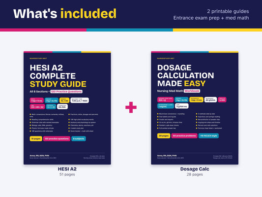 HESI A2 Study Guide and Dosage Calculation Bundle PDF | 120 Practice Questions | Nursing Entrance Exam Prep | Med Math Workbook | Printable
