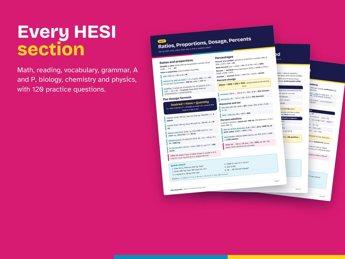 HESI A2 Study Guide and Dosage Calculation Bundle PDF | 120 Practice Questions | Nursing Entrance Exam Prep | Med Math Workbook | Printable