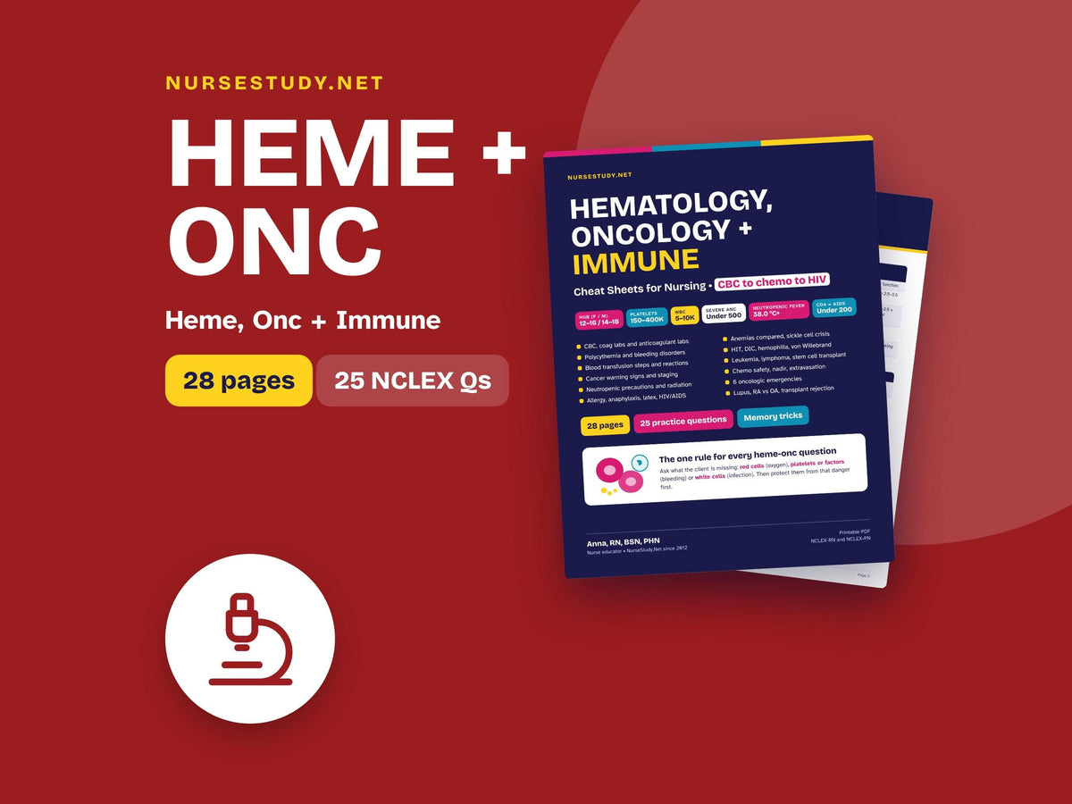 Hematology Oncology Immune Nursing Cheat Sheets PDF | Anemia, Blood Transfusion, Chemo, Oncologic Emergencies, HIV | NCL