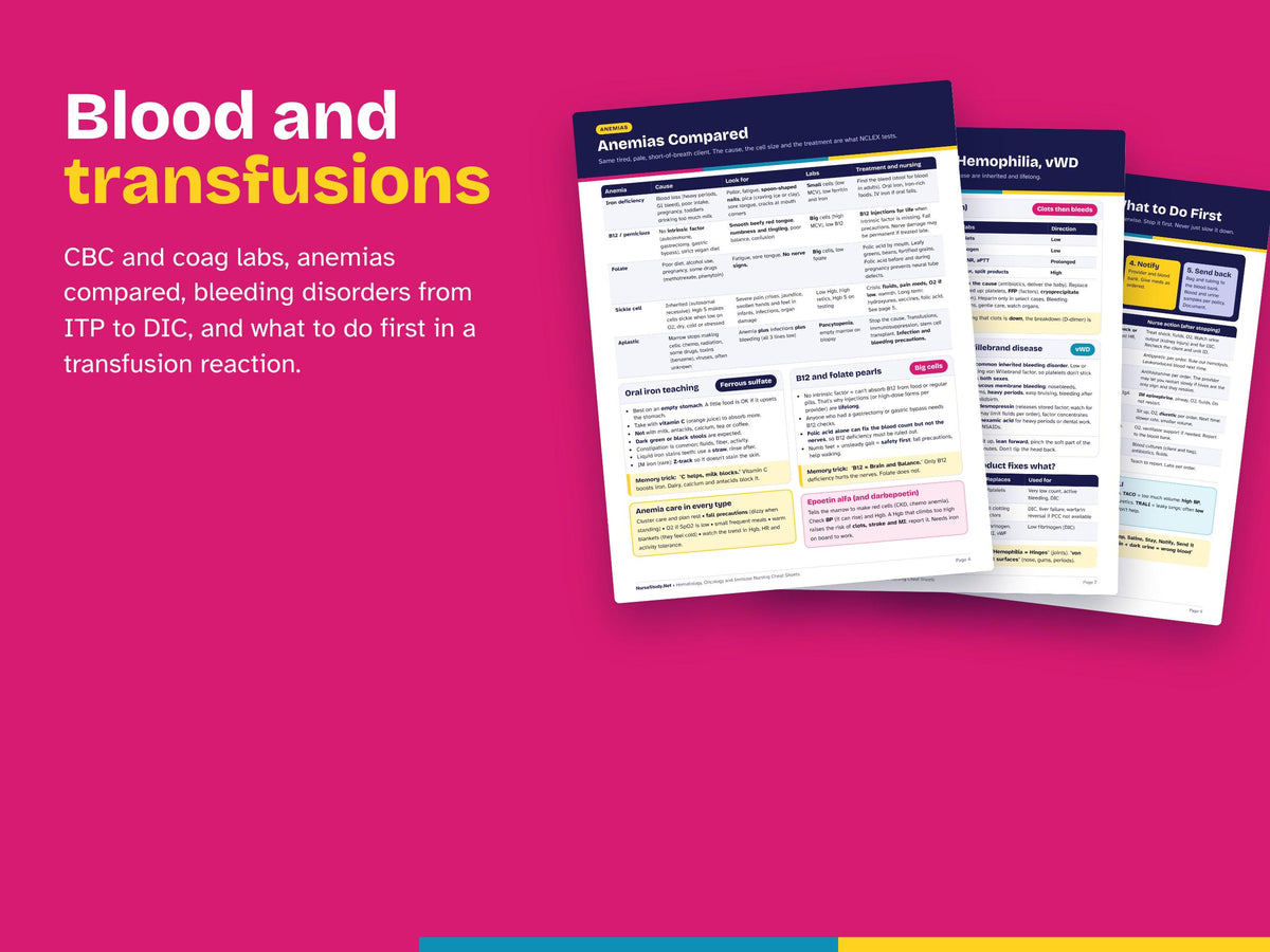 Hematology Oncology Immune Nursing Cheat Sheets PDF | Anemia, Blood Transfusion, Chemo, Oncologic Emergencies, HIV | NCLEX Study Guide